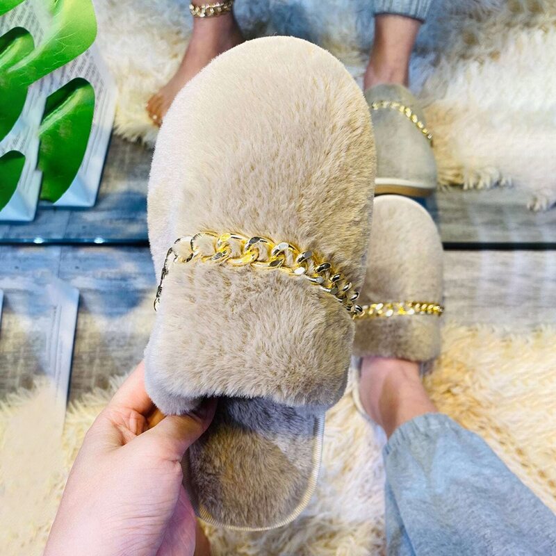 

Chain Decor Fluffy Slippers, Khaki
