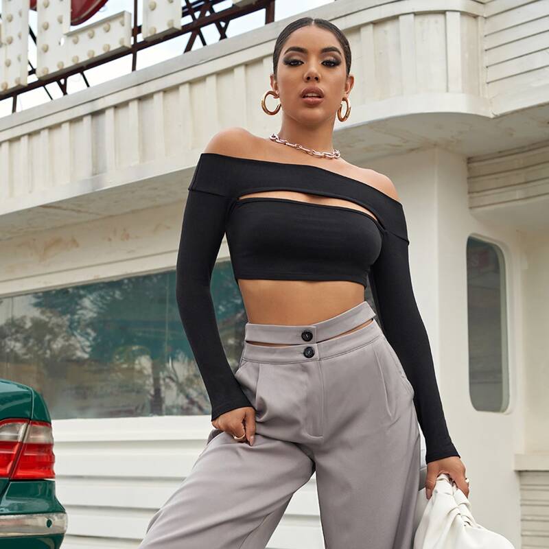 

Off Shoulder Cut Out Front Crop Tee, Black