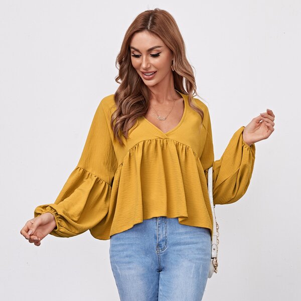 

Lantern Sleeve Ruffle Hem Top, Mustard yellow