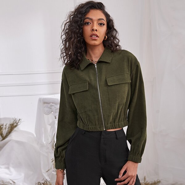 

Flap Pocket Zip Up Crop Jacket, Army green