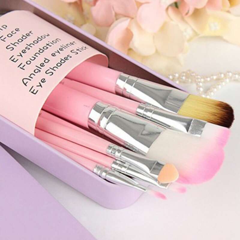 

7pcs Solid Makeup Brush With Box, Baby pink