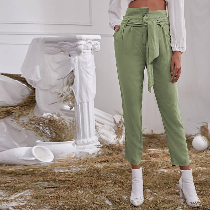 

Solid High Waist Belted Pants, Pastel mint green