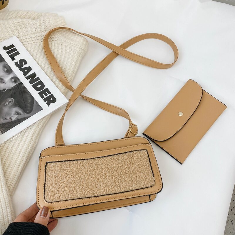 

Contrast Faux Fur Crossbody Bag With Purse, Khaki