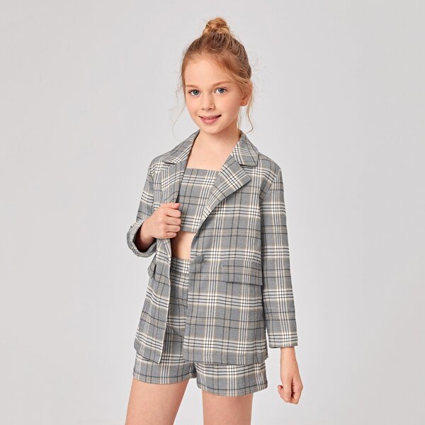 

Girls Plaid Crop Cami Top and Shorts Set With Blazer, Multicolor