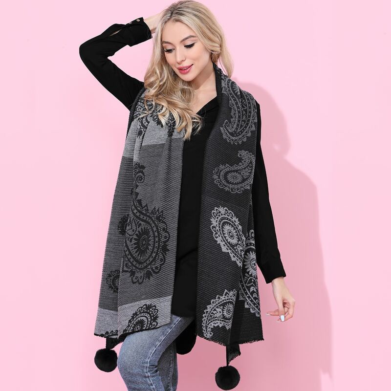 

Paisley Pattern Pom Pom Decor Scarf, Black