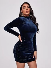 SHEIN Privé 生菜邊小高領抽褶細節天鵝絨連衣裙 - 藏蓝色 - 查看 3