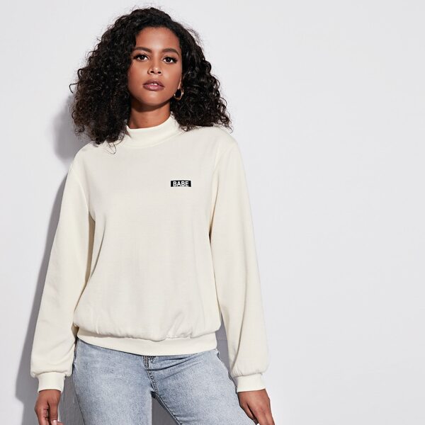 

Mock Neck Letter Graphic Pullover, Beige