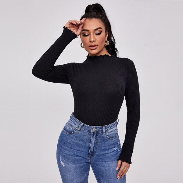 

Lettuce Trim Rib-knit Form Fitted Tee, Black