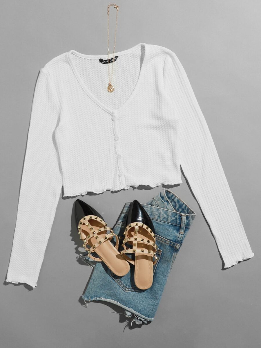 Muchica 紐扣生菜邊華夫格針織上衣 - 白色 - 查看 1