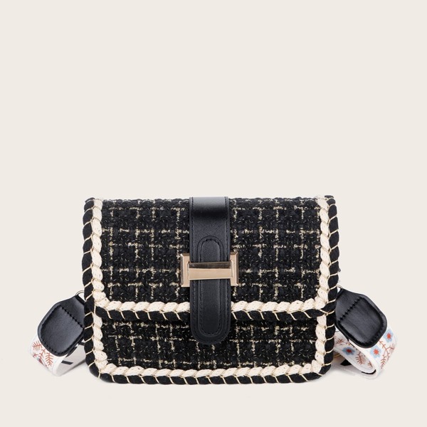 

Metal Decor Flap Tweed Square Bag, Black