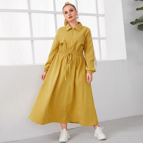 

Plus Contrast Sideseam Knotted Elastic Waist Dress, Mustard yellow