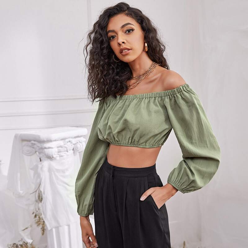 

Off Shoulder Lantern Sleeve Crop Top, Army green