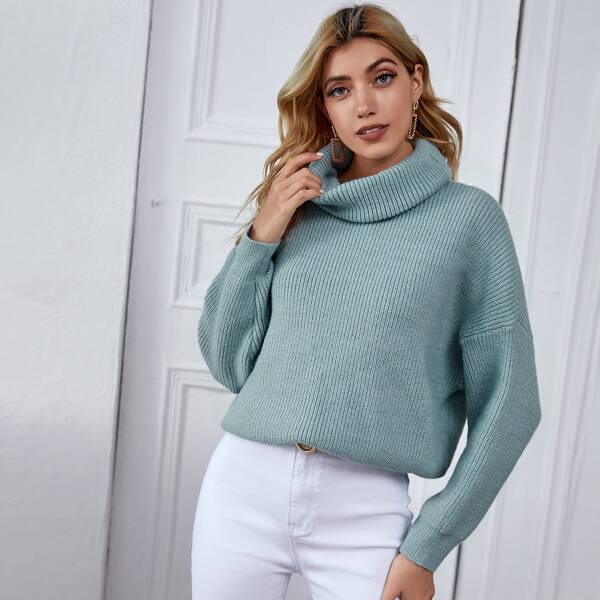 

Funnel Neck Drop Shoulder Oversized Sweater, Cadet blue