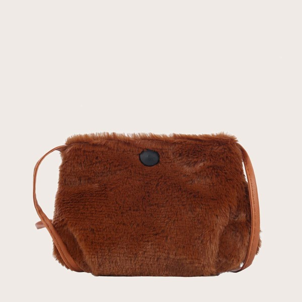 

Snap Button Fluffy Crossbody Bag, Brown