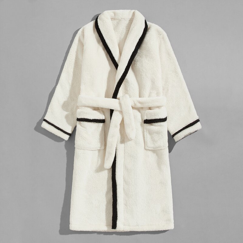 

Guys Contrast Binding Belted Teddy Robe, Beige