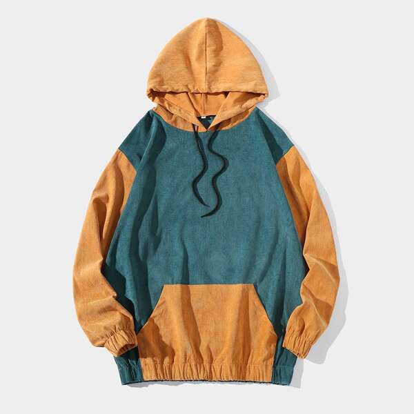 

Men Colorblock Kangaroo Pocket Drawstring Corduroy Hoodie, Multicolor