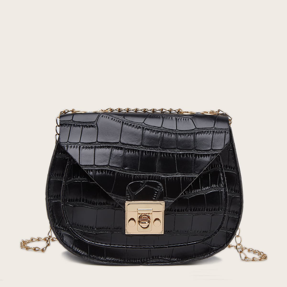 

Croc Embossed Chain Saddle Bag, Black