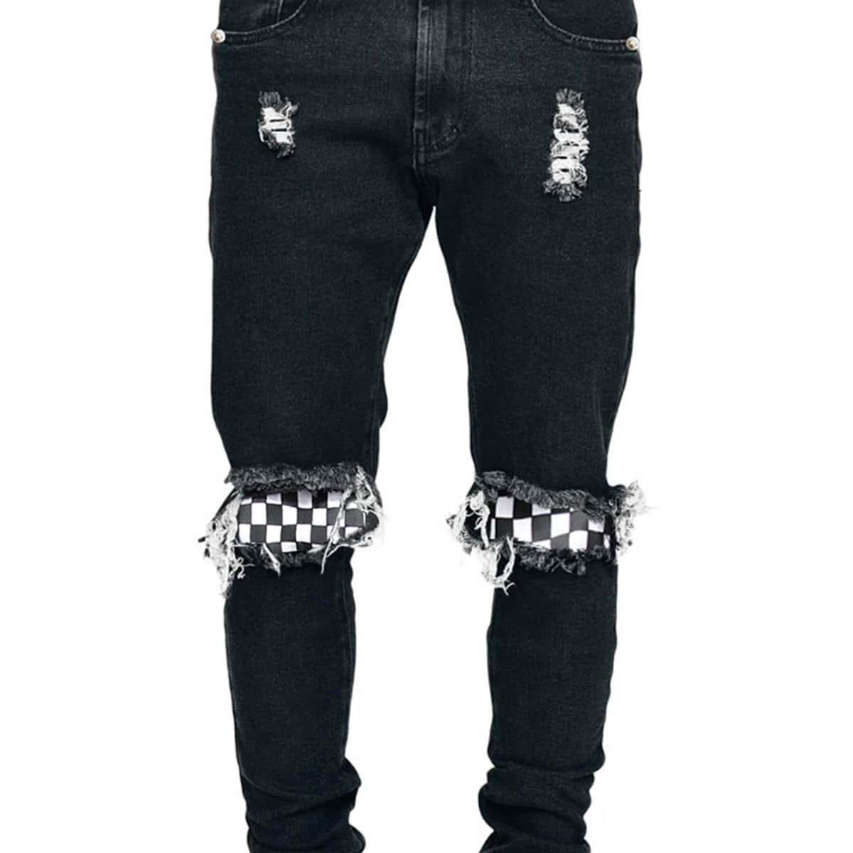 

Guys Ripped Plaid Jeans, Black