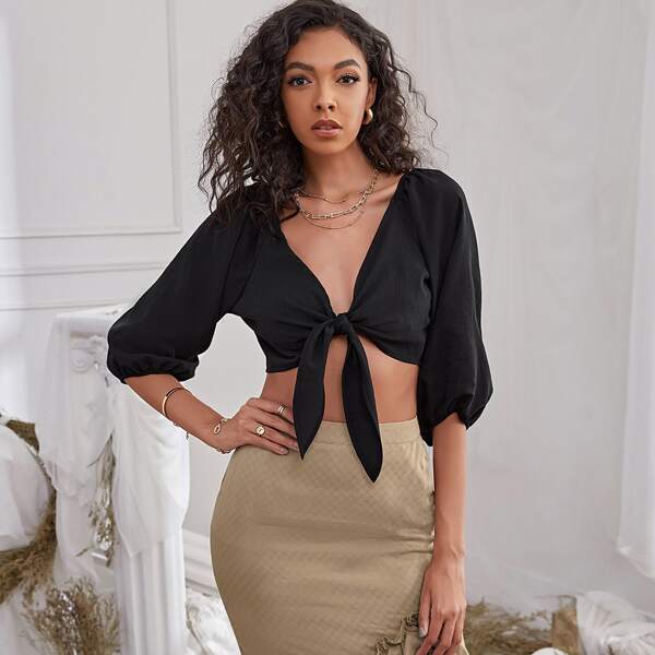 

Tie Front Lantern Sleeve Top, Black