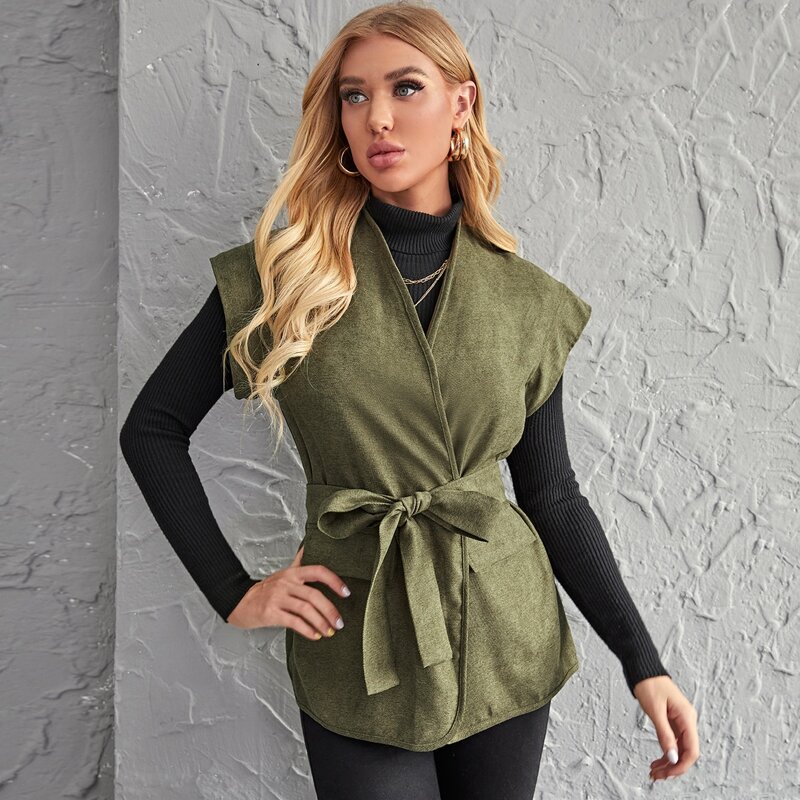 

Flap Front Belted Vest Without Sweater, Green