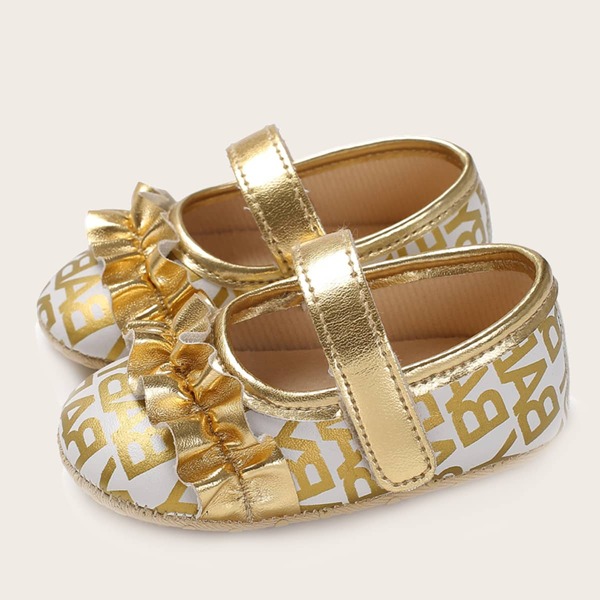 

Baby Girl Letter Graphic Velcro Strap Flats, Gold