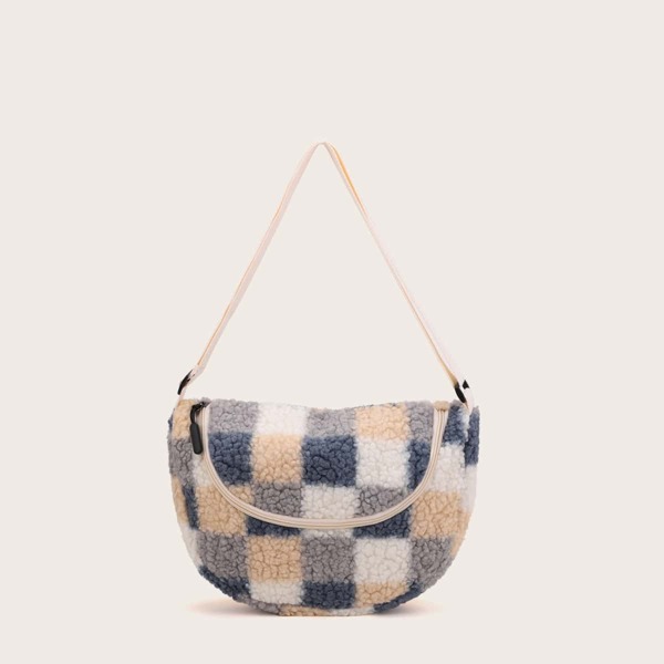 

Faux Shearling Plaid Shoulder Bag, Multicolor