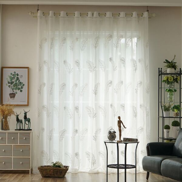 

Feather Embroidery Single Panel Sheer Curtain, White