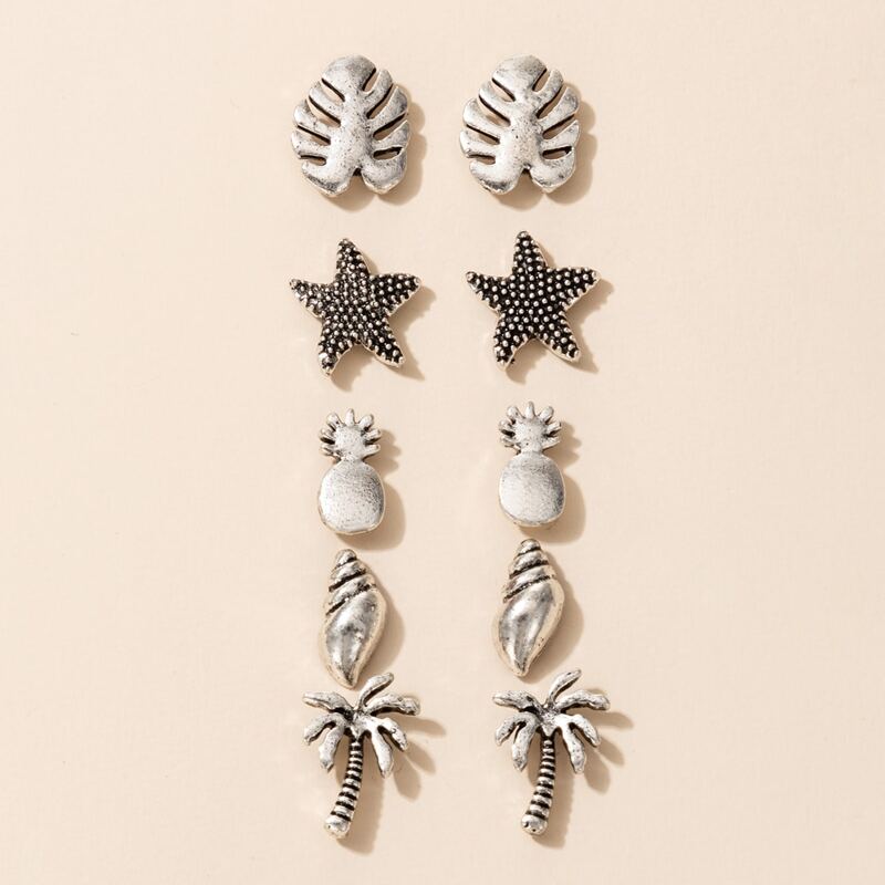 

5pairs Starfish & Leaf Stud Earrings, Silver
