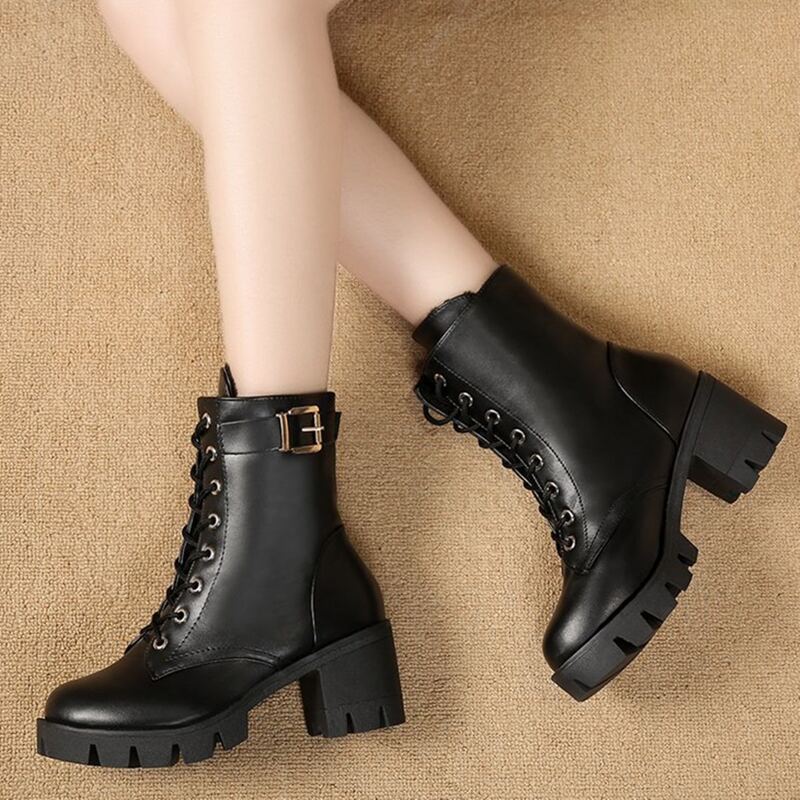 

Buckle Decor Lace-up Chunky Heeled Boots, Black