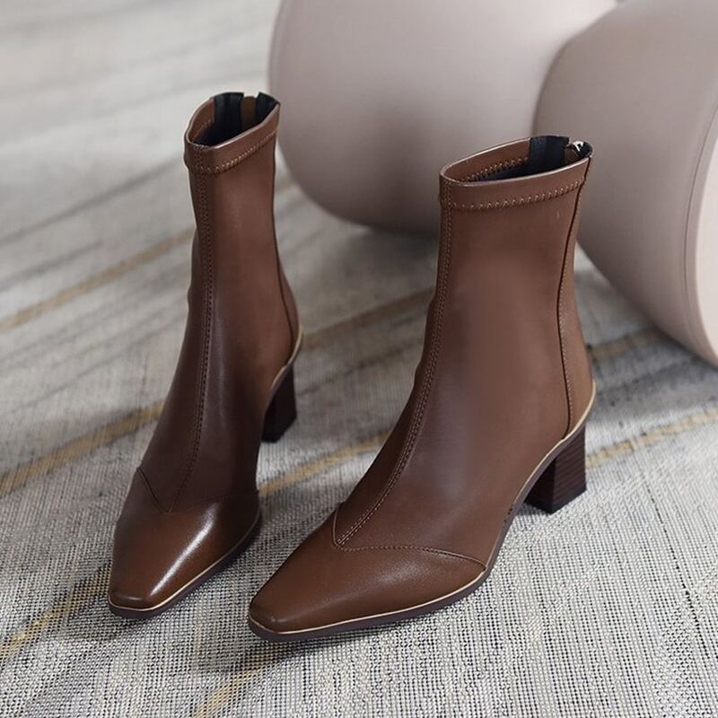 

Square Toe Chunky Heeled Ankle Boots, Coffee brown