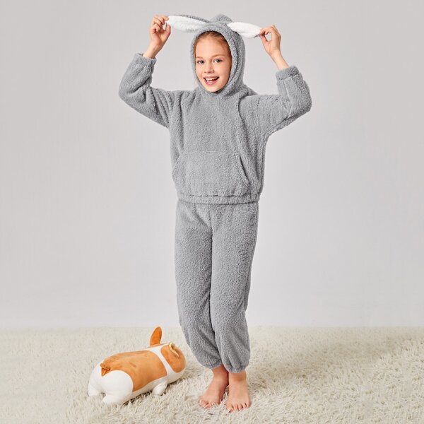 

Girls 3D Ears Design Teddy Hoodie & Pants PJ Set, Light grey