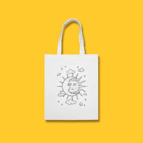 

Cartoon Sun & Moon Print Canvas Tote Bag, White