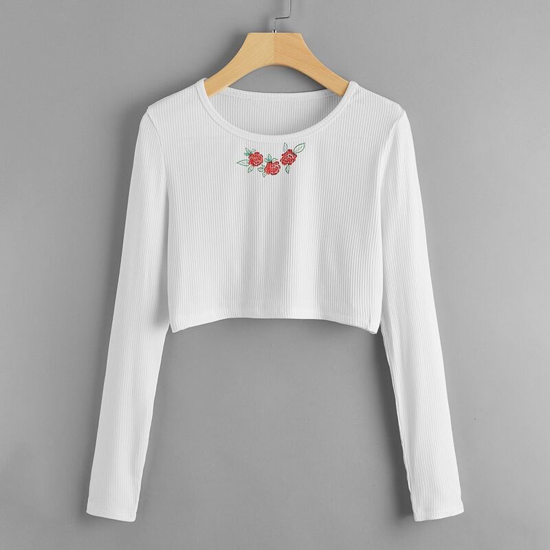 

Rose Graphic Ribbed Crop Tee, White