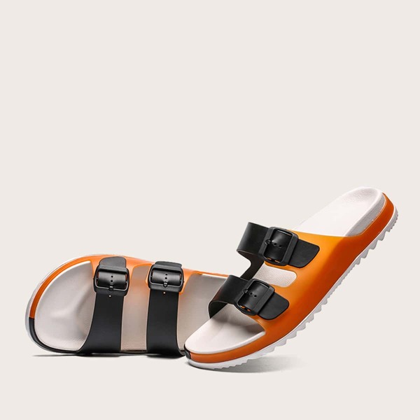 

Men Double Buckle Decor Color Block Slides, Orange