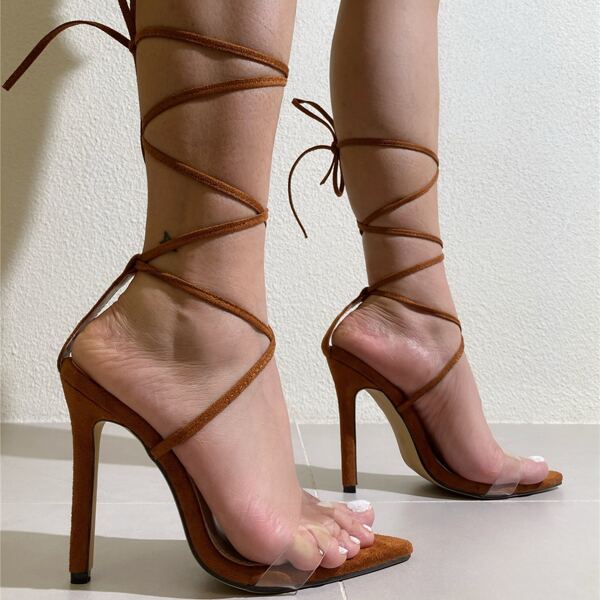 

Tie Leg Stiletto Heeled Sandals, Brown