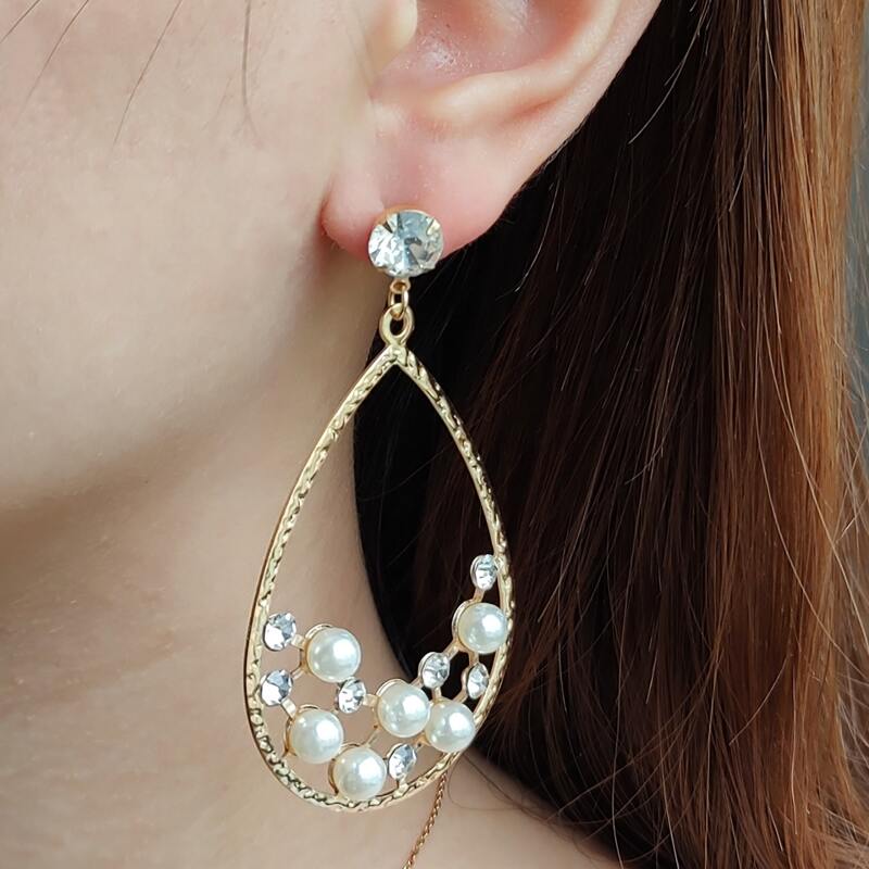 

Rhinestone & Faux Pearl Water Drop Earrings, White