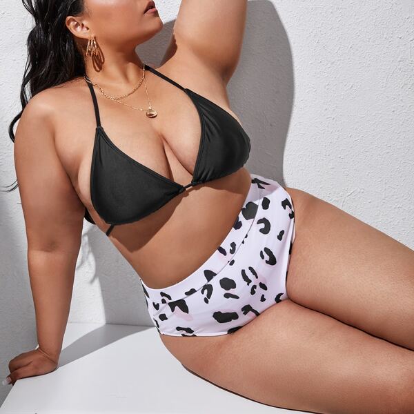 

Plus Dalmatian Pattern Halter Bikini Swimsuit, Multicolor