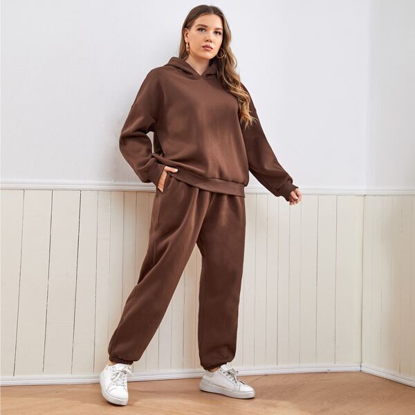 

Plus Solid Drop Shoulder Hoodie & Joggers, Chocolate brown