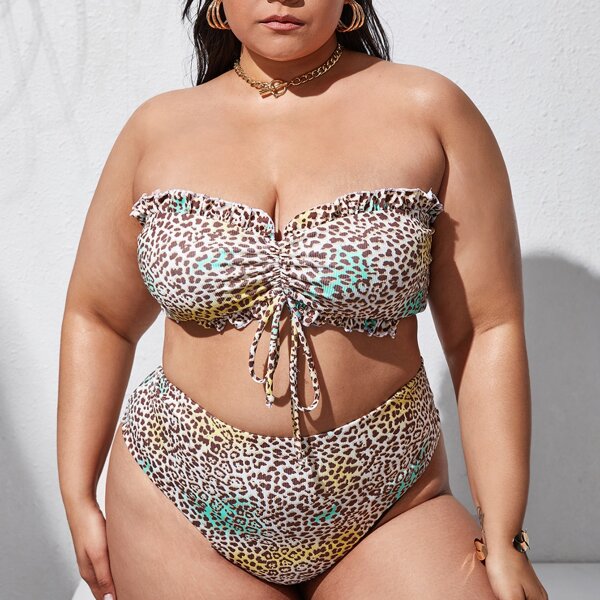 

Plus Leopard Frill Trim Bandeau Bikini Swimsuit, Multicolor