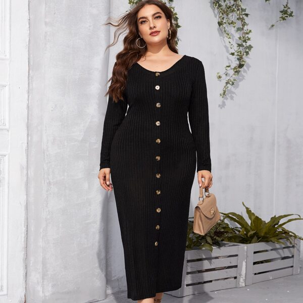 

Plus Single Breasted Rib-knit Dress, Black