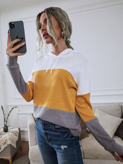 Colorblock Drop Shoulder Drawstring Hoodie