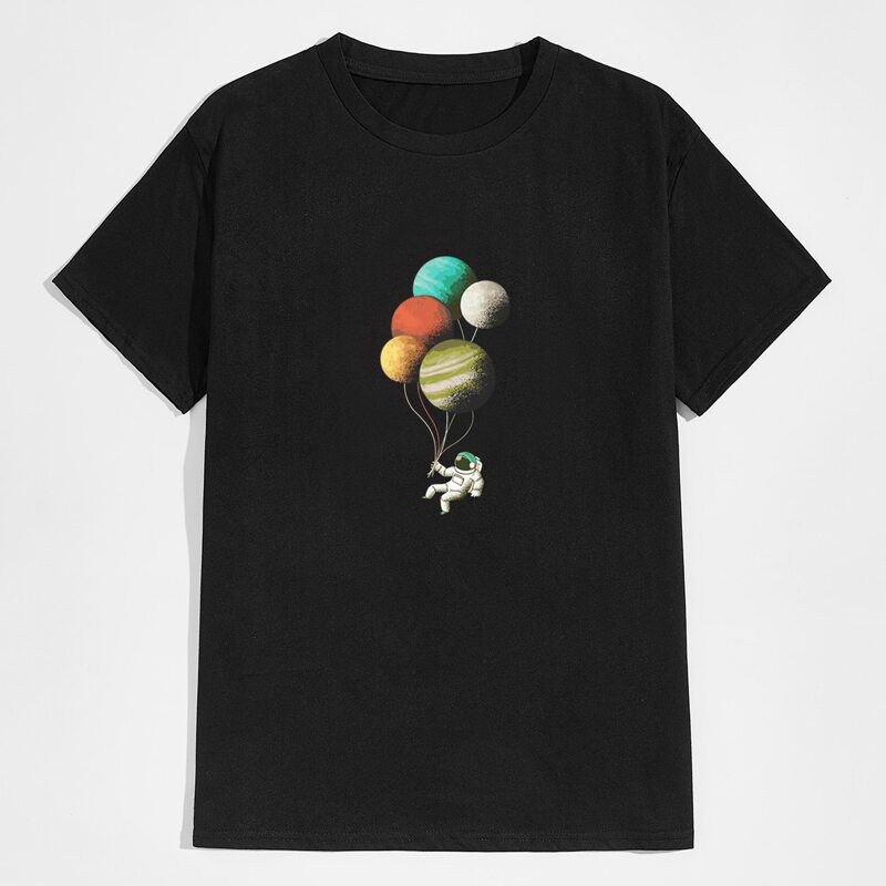 

Men Planet And Astronaut Print Tee, Black