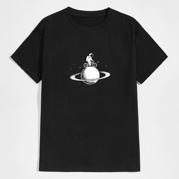 

Men Spaceman And Planet Print Tee, Black