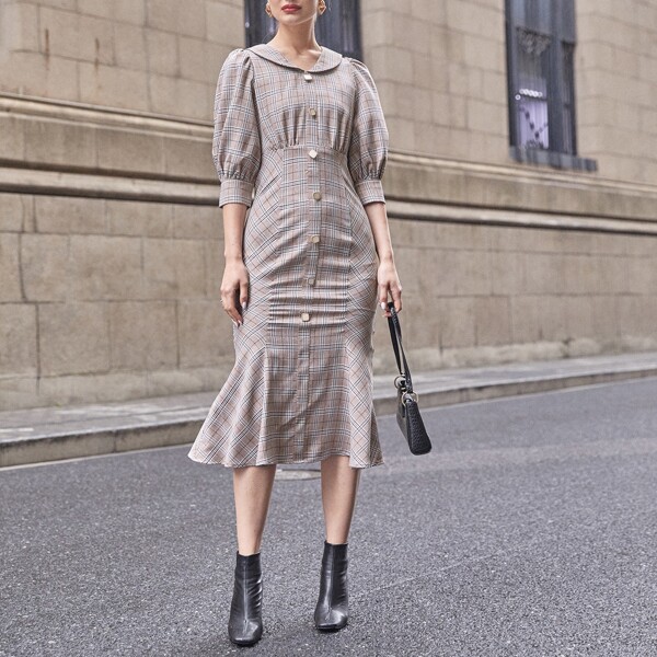 

Puff Sleeve Mermaid Hem Plaid Dress, Multicolor