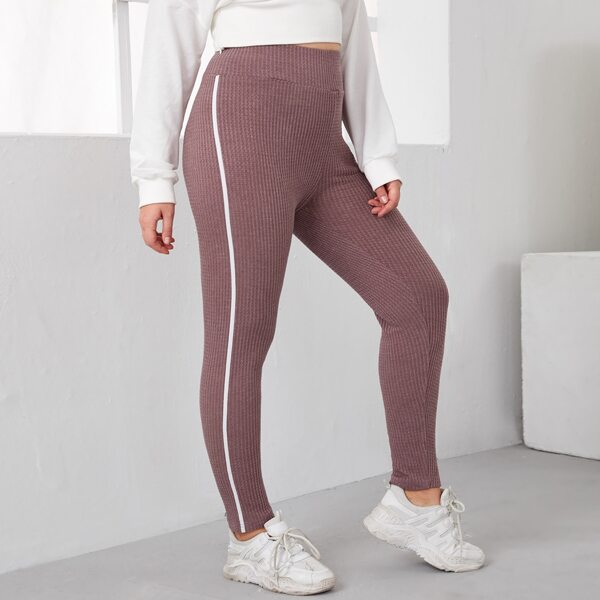 

Plus Wide Waistband Striped Side Waffle Knit Leggings, Redwood