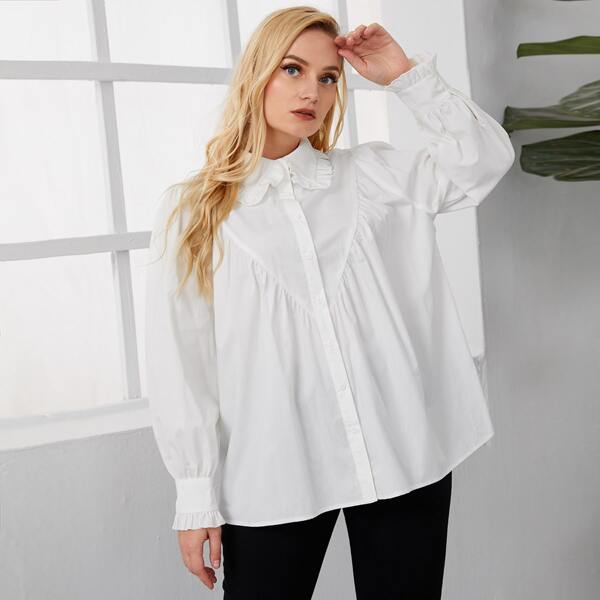 

Plus Single Breasted Frill Trim Blouse, White