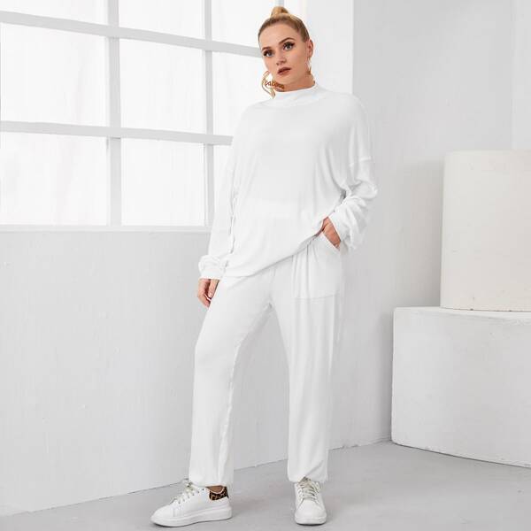 

Plus Drop Shoulder Pullover & Joggers Set, White