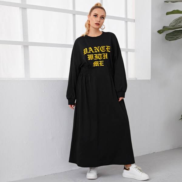 

Plus Drop Shoulder Letter Embroidered Dress, Black