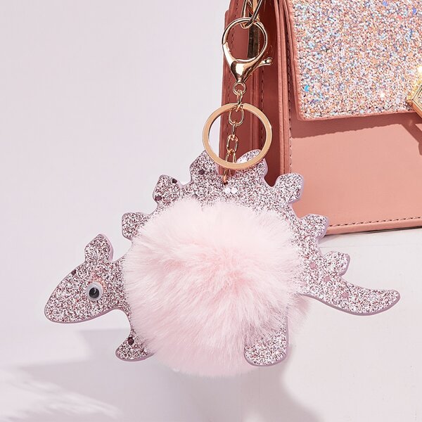 

Glitter Dinosaur & Pom-pom Decor Bag Charm, Pink