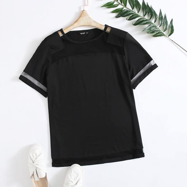 

Plus Contrast Mesh Solid Tee, Black